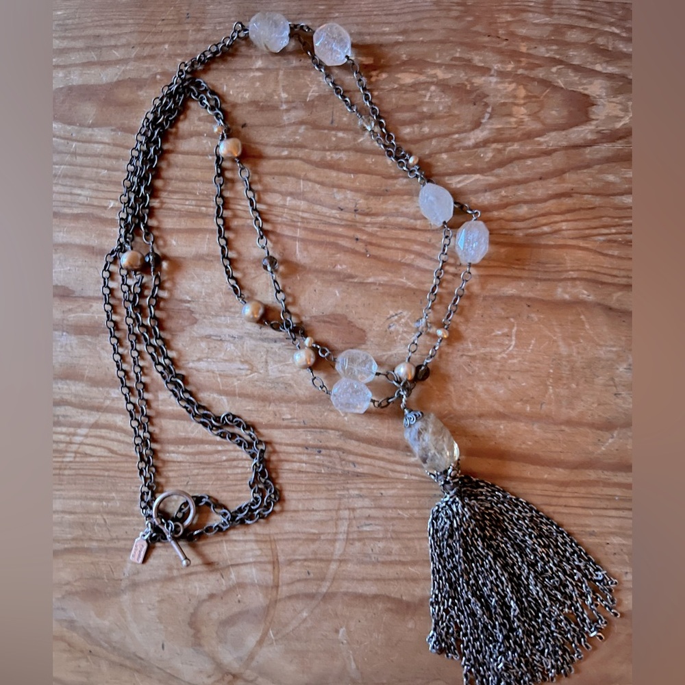 Peyote Bird antiqued 925 Sterling Silver long tassel necklace with stones
